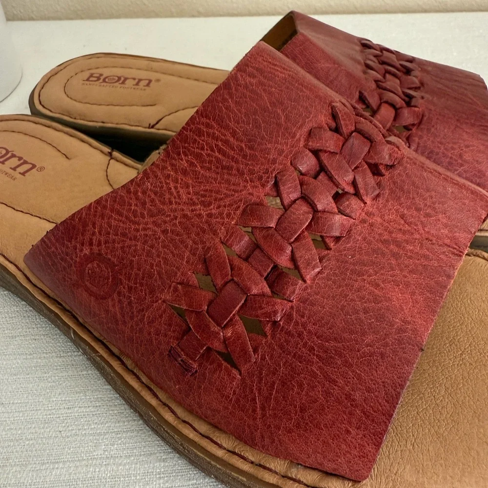 Born Burgundy Leather Woven Slide Sandals - Picture 9 of 13